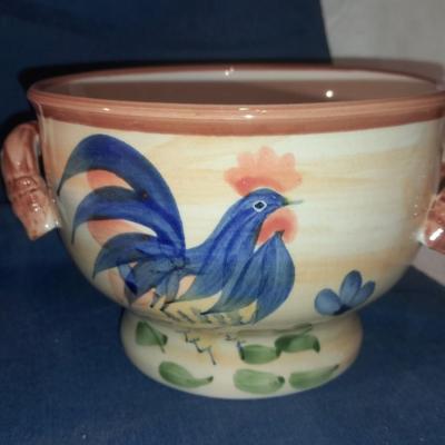 Rooster dishes with vintage blue print mug