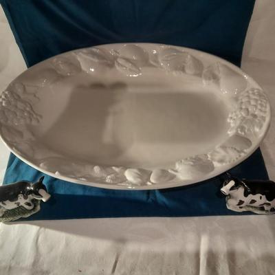 Large Dansk Portugal platter with raised fruit design and cow salt & pepper shakers