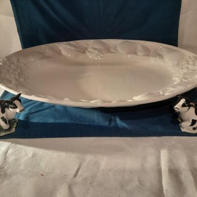 Large Dansk Portugal platter with raised fruit design and cow salt & pepper shakers