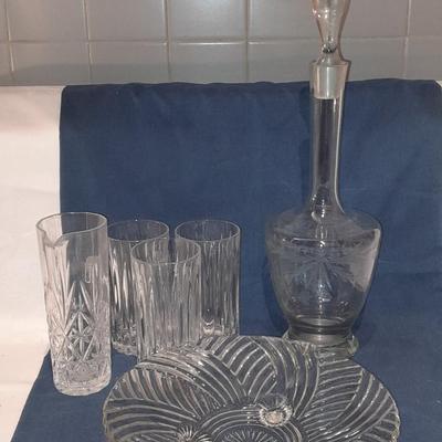 Vintage Floral Etched Tall Crystal Decanter w/ Stopper glasses, small pitcher and a three footed platter