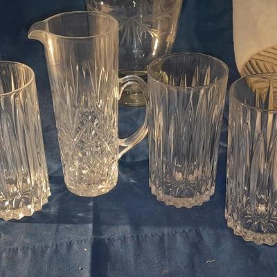 Vintage Floral Etched Tall Crystal Decanter w/ Stopper glasses, small pitcher and a three footed platter