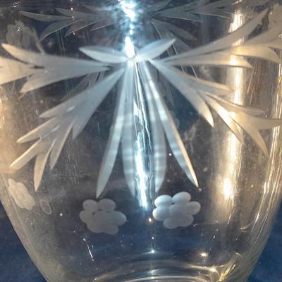 Vintage Floral Etched Tall Crystal Decanter w/ Stopper glasses, small pitcher and a three footed platter