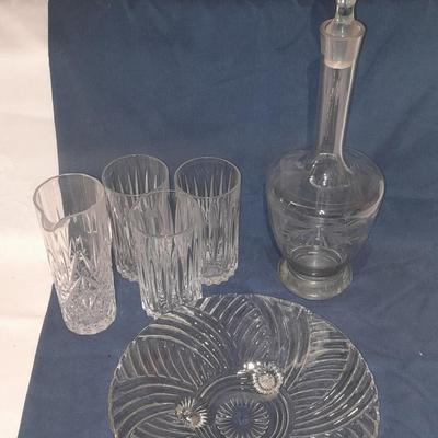 Vintage Floral Etched Tall Crystal Decanter w/ Stopper glasses, small pitcher and a three footed platter