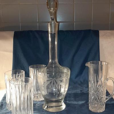 Vintage Floral Etched Tall Crystal Decanter w/ Stopper glasses, small pitcher and a three footed platter