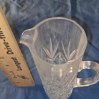 Vintage Floral Etched Tall Crystal Decanter w/ Stopper glasses, small pitcher and a three footed platter