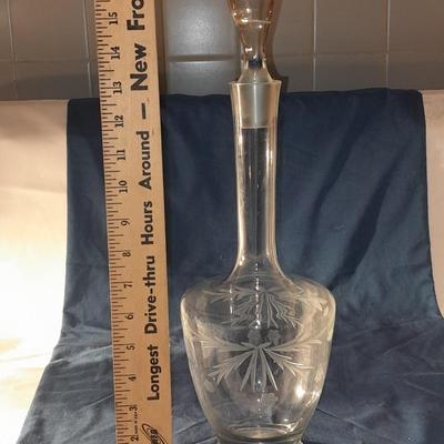 Vintage Floral Etched Tall Crystal Decanter w/ Stopper glasses, small pitcher and a three footed platter
