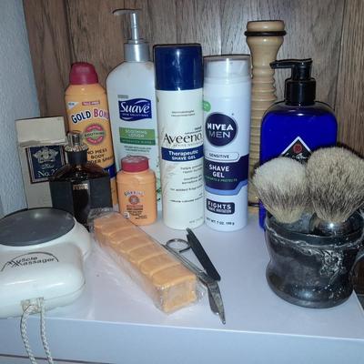 Men's hygiene items shaving brushes, lotions, cologne and more