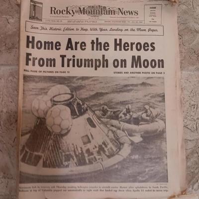 1969 Newspapers A Pollo Moon Landing guide Denver Post and Rocky Mountain News Home are the Hero's from Triumph on the moon