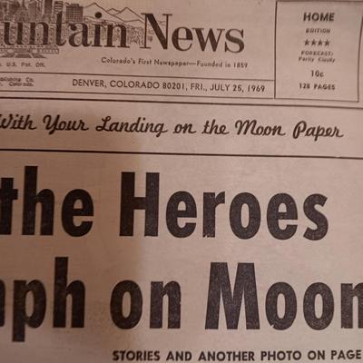 1969 Newspapers A Pollo Moon Landing guide Denver Post and Rocky Mountain News Home are the Hero's from Triumph on the moon