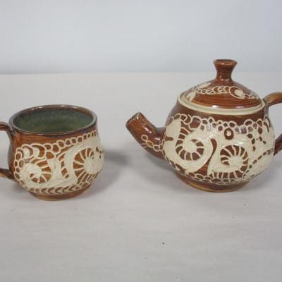 Handmade Pottery Tea Pot & Cup Signed By Artist