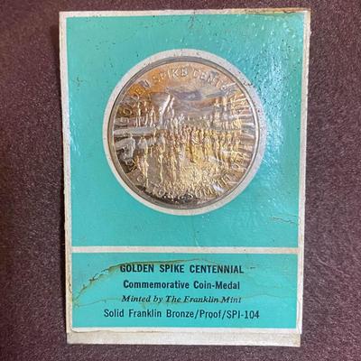 GOLDEN SPIKE CENTENNIAL 1869 1969 Commemorative Coin - Medal, Minted by The Franklin Mint,  Solid Franklin Bronze/ Proof/SPI-104