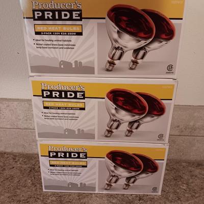 three boxes of PRIDE Heat lamp bulbs 2 per package Ideal for heating Animal habitats 250 watt 120 volt