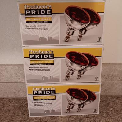 three boxes of PRIDE Heat lamp bulbs 2 per package Ideal for heating Animal habitats 250 watt 120 volt