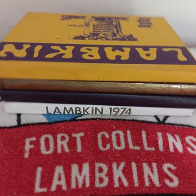 Fort Collins Lambkins Yearbooks 1968, 1969 and 1974, with go team go vintage Lambkins towel