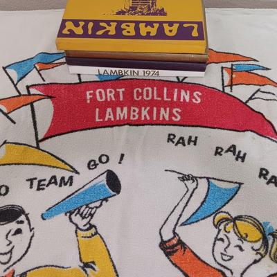 Fort Collins Lambkins Yearbooks 1968, 1969 and 1974, with go team go vintage Lambkins towel