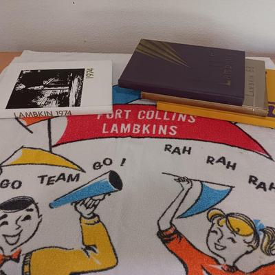 Fort Collins Lambkins Yearbooks 1968, 1969 and 1974, with go team go vintage Lambkins towel