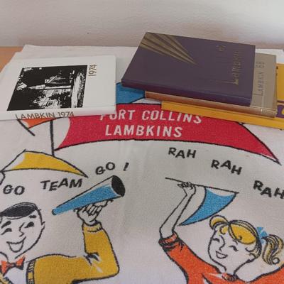 Fort Collins Lambkins Yearbooks 1968, 1969 and 1974, with go team go vintage Lambkins towel