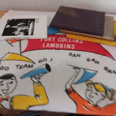 Fort Collins Lambkins Yearbooks 1968, 1969 and 1974, with go team go vintage Lambkins towel