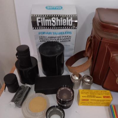 Camera accessories and a Vintage Perrin Contour Leather Camera Bag top grain cowhide