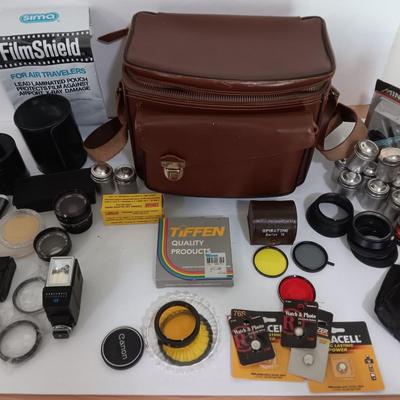 Camera accessories and a Vintage Perrin Contour Leather Camera Bag top grain cowhide