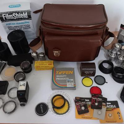 Camera accessories and a Vintage Perrin Contour Leather Camera Bag top grain cowhide