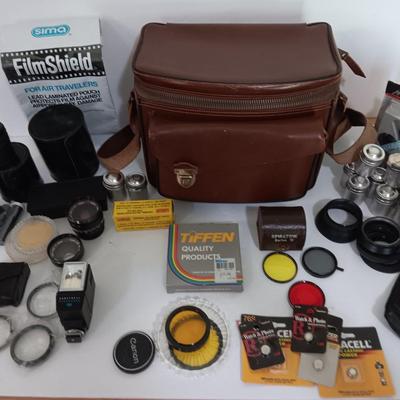 Camera accessories and a Vintage Perrin Contour Leather Camera Bag top grain cowhide