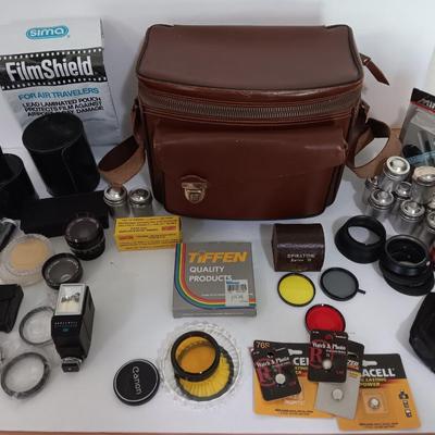 Camera accessories and a Vintage Perrin Contour Leather Camera Bag top grain cowhide