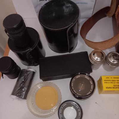 Camera accessories and a Vintage Perrin Contour Leather Camera Bag top grain cowhide