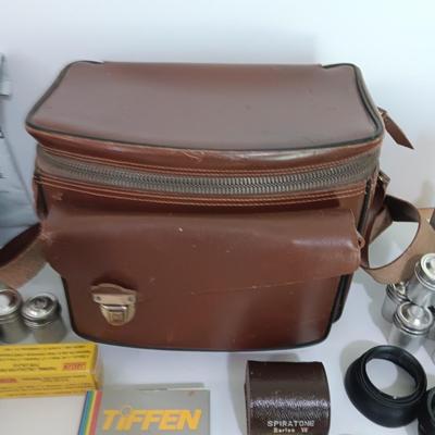 Camera accessories and a Vintage Perrin Contour Leather Camera Bag top grain cowhide