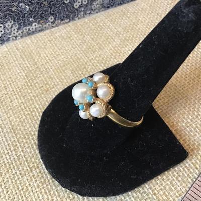 Vintage Avon Faux Pearl Blue Turquoise Gold Tone Cocktail Ring