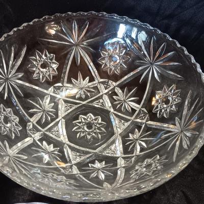 Three beautiful glass dishes Large bowl, oval scalloped dish, and small plate