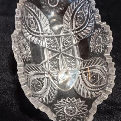 Three beautiful glass dishes Large bowl, oval scalloped dish, and small plate