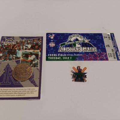 Colorado Rockies All Star Game hat pin with All-star ticket game stub and coin