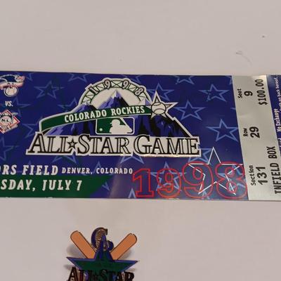 Colorado Rockies All Star Game hat pin with All-star ticket game stub and coin