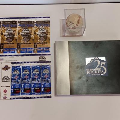 Colorado Rockies 25th anniversary book, Field played ball, and world series tickets
