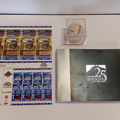 Colorado Rockies 25th anniversary book, Field played ball, and world series tickets
