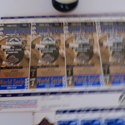 1950's Glass Baseball Home Run Bank with Colorado Rockies World series collectible tickets