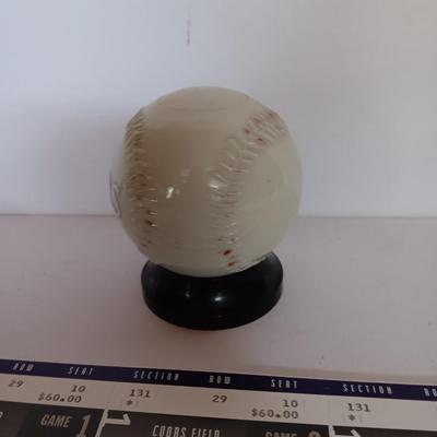 1950's Glass Baseball Home Run Bank with Colorado Rockies World series collectible tickets