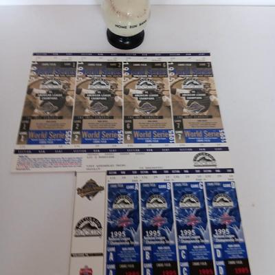 1950's Glass Baseball Home Run Bank with Colorado Rockies World series collectible tickets