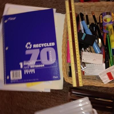 Assortment of office and school supplies including v tec cordless phones, personal fan and more