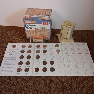 Preformed coin wrappers and a collection of United States quarters with map