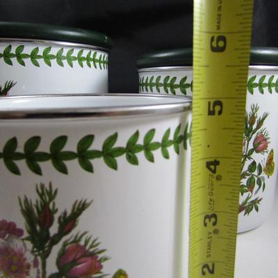 Enameled Metal Canisters with Wooden Lids Botanical Dog Rose Pattern- Set of Three