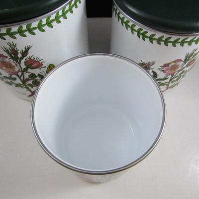Enameled Metal Canisters with Wooden Lids Botanical Dog Rose Pattern- Set of Three
