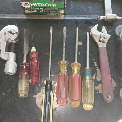 HITACHI DRILL AND DRIVE SET-PIPE CUTTER-CRESENT WRENCH AND MORE