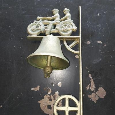 AWSOME BRASS BELL WITH MAN AND LADY RIDING MOTORCYCLE