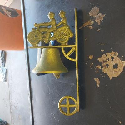 AWSOME BRASS BELL WITH MAN AND LADY RIDING MOTORCYCLE