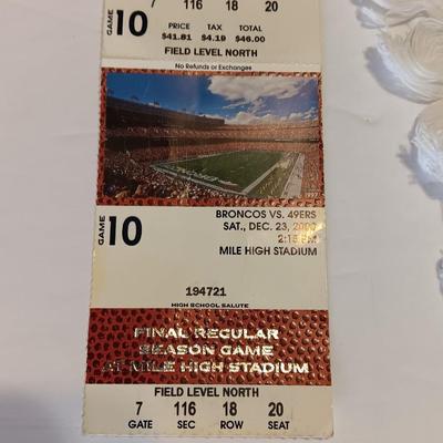 Denver Bronco's Collectibles - Vest - Cups - Cap - and a ticket stub Finl regular season game at Mile High