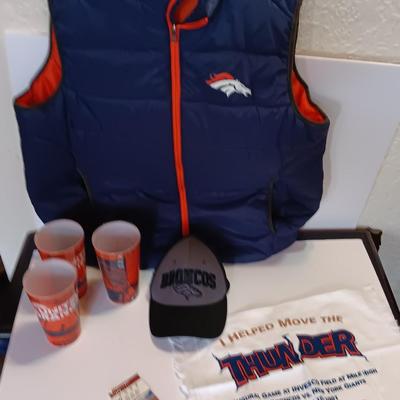 Denver Bronco's Collectibles - Vest - Cups - Cap - and a ticket stub Finl regular season game at Mile High