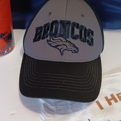 Denver Bronco's Collectibles - Vest - Cups - Cap - and a ticket stub Finl regular season game at Mile High