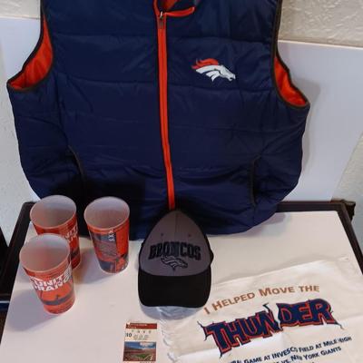 Denver Bronco's Collectibles - Vest - Cups - Cap - and a ticket stub Finl regular season game at Mile High